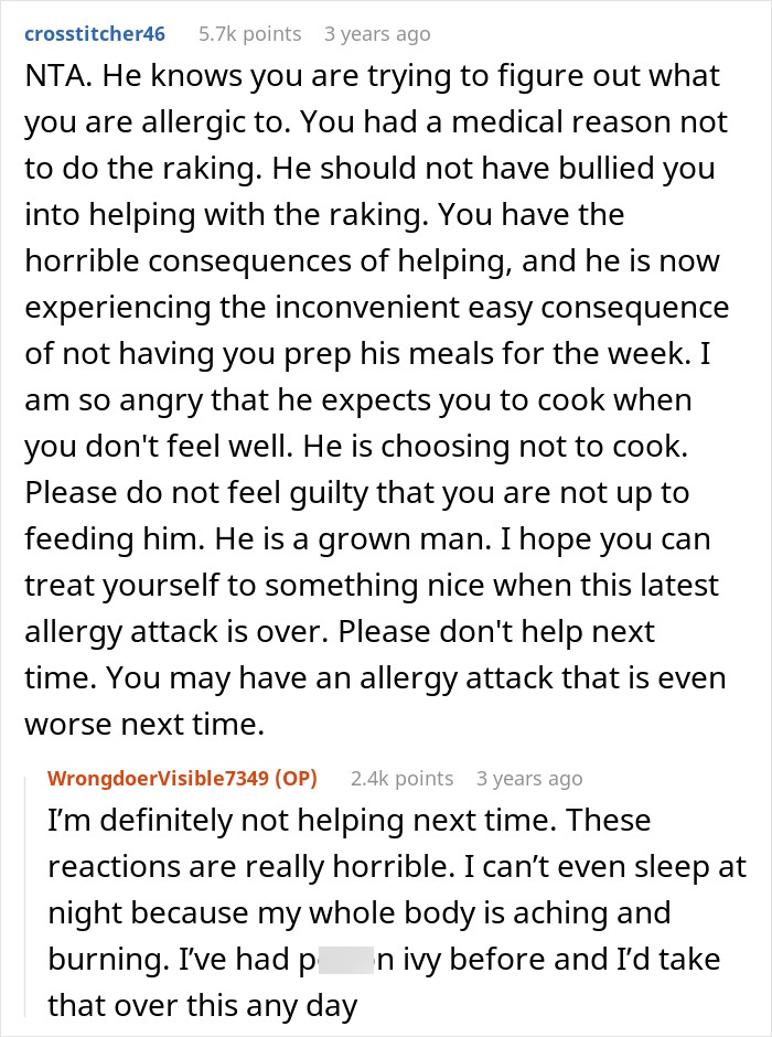 User advises woman not to cook for her husband after he pressured her to rake despite her allergy.