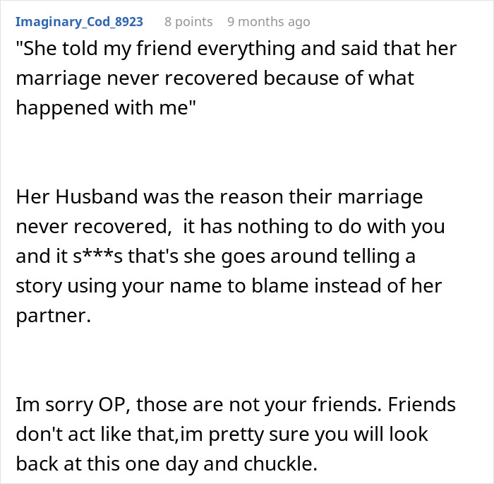 A screenshot of a Reddit comment offering advice and support for a woman experiencing a relationship nightmare. A screenshot of a Reddit comment offering advice and support for a woman experiencing a relationship nightmare.