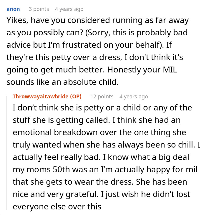 A screenshot of a Reddit comment suggesting the bride distance herself from the MIL over the wedding dress. A screenshot of a Reddit comment suggesting the bride distance herself from the MIL over the wedding dress.
