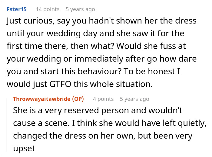 Another Reddit comment discussing the wedding dress situation, focusing on what if the MIL saw the dress on the wedding day. Another Reddit comment discussing the wedding dress situation, focusing on what if the MIL saw the dress on the wedding day.