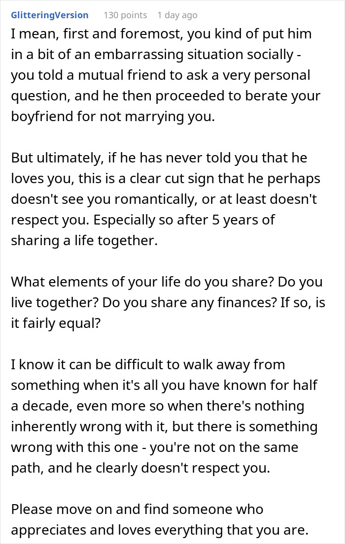 A screenshot of a Reddit comment section discussing a boyfriend who wont marry his girlfriend after 5 years and never says I love you.