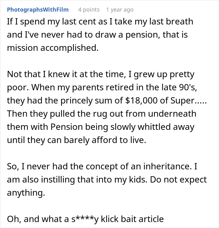 Social media comment about growing up poor, having no inheritance, and teaching kids same values. Social media comment about growing up poor, having no inheritance, and teaching kids same values.