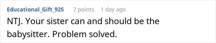 User states sister should be the babysitter to resolve the issue