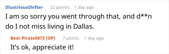 Reddit user expressing sympathy for a man turned away by a realtor and not missing living in Dallas. Reddit user expressing sympathy for a man turned away by a realtor and not missing living in Dallas.