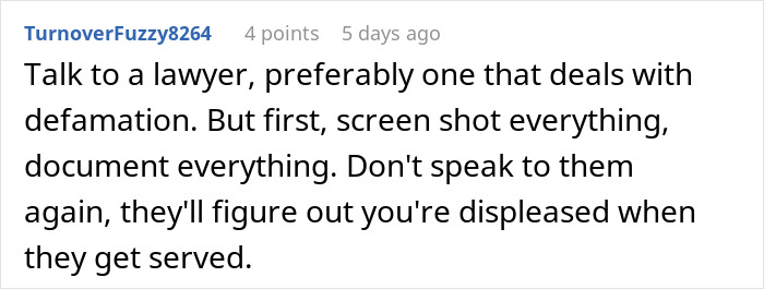A comment advising a boyfriend to talk to a lawyer about his reputation being ruined by his girlfriend's parents. A comment advising a boyfriend to talk to a lawyer about his reputation being ruined by his girlfriend's parents.