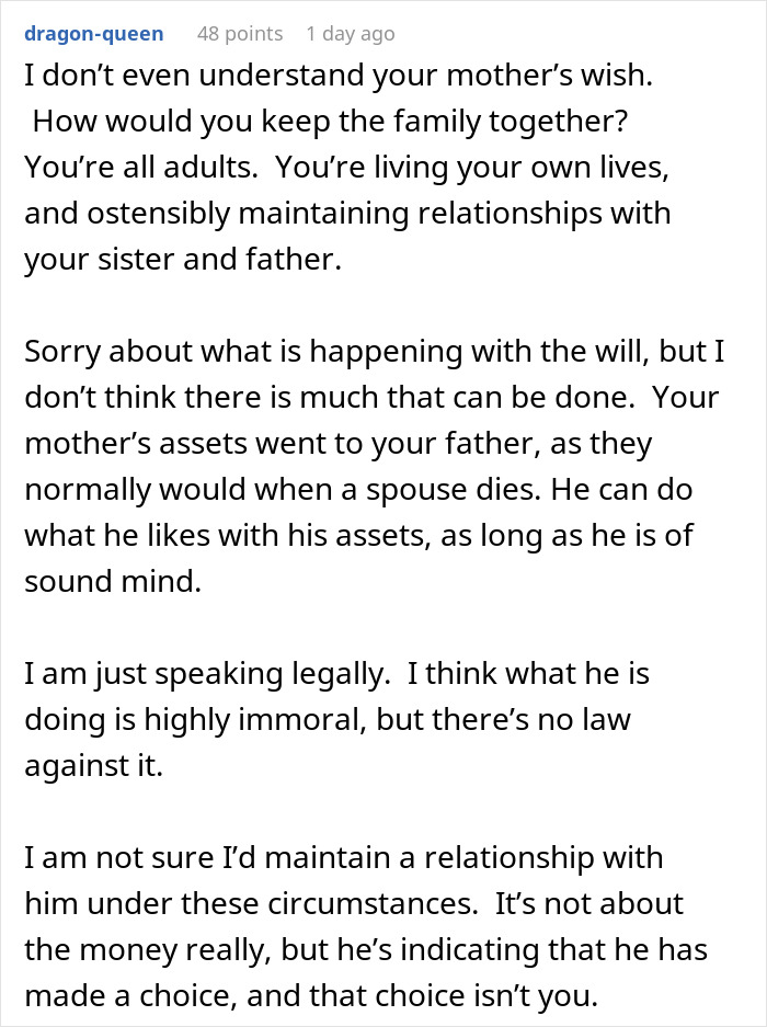 A comment about a widowed dad remarrying within 6 months and cutting daughters from the will. A comment about a widowed dad remarrying within 6 months and cutting daughters from the will.