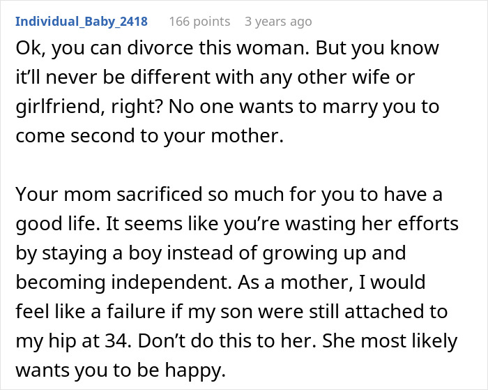 Comment advising divorce due to wife coming second to sick mother in marriage