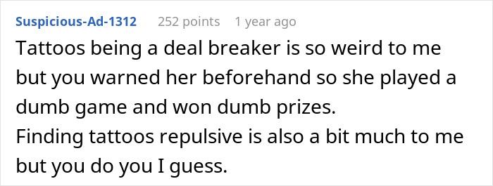 A comment discusses how tattoos can be a deal breaker in a relationship, mentioning a woman getting tattoos. A comment discusses how tattoos can be a deal breaker in a relationship, mentioning a woman getting tattoos.
