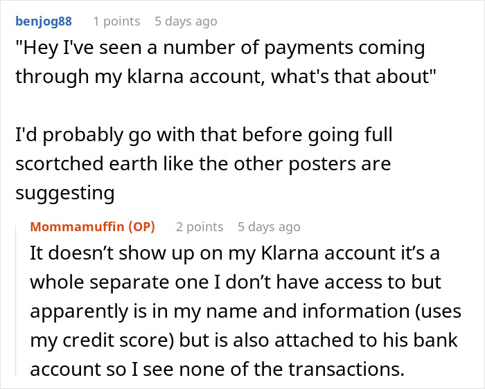 A Reddit comment about a separate Klarna account in the wife's name using her information for her husband's spending.