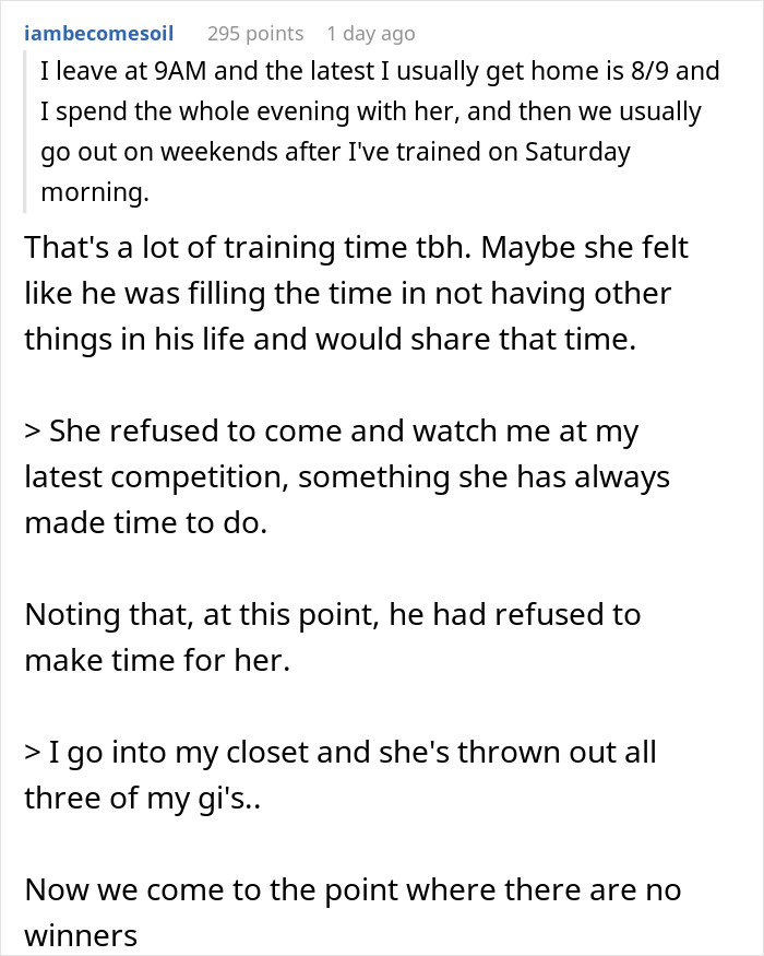 Comment discussing extensive martial arts training time and partner trashing gear Comment discussing extensive martial arts training time and partner trashing gear