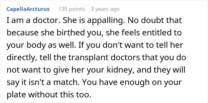 A doctor's perspective on a toxic mom expecting a kidney, highlighting entitlement and advising on avoiding donation.