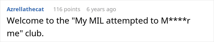 A comment humorously welcoming someone to a 'My MIL attempted to k**l me' club, referencing a dangerous MIL. This MIL thinks shellfish allergy is fake. A comment humorously welcoming someone to a 'My MIL attempted to k**l me' club, referencing a dangerous MIL. This MIL thinks shellfish allergy is fake.