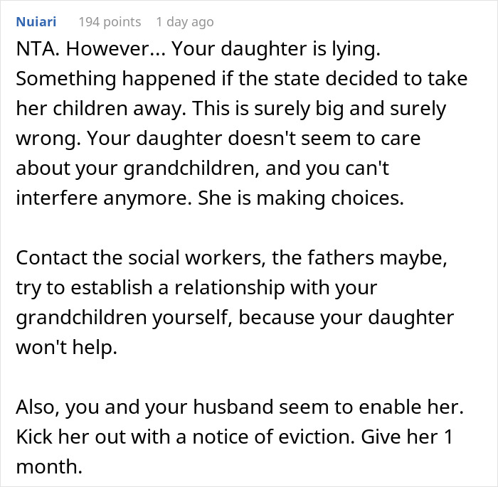 Screenshot of Reddit comment suggesting contacting social workers, fathers, and kicking daughter out with eviction. Screenshot of Reddit comment suggesting contacting social workers, fathers, and kicking daughter out with eviction.