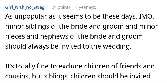 A comment on in-laws demanding child-free celebration exceptions, emphasizing inviting minor siblings and nieces/nephews.
