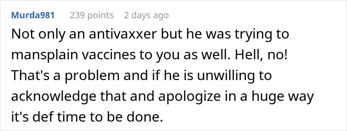 Social media comment criticizing a man who tries to argue against vaccines and mansplain them to his girlfriend. Social media comment criticizing a man who tries to argue against vaccines and mansplain them to his girlfriend.