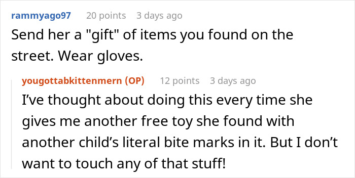 Suggestion to send 'gift' items found on street in response to car seat dug from garbage