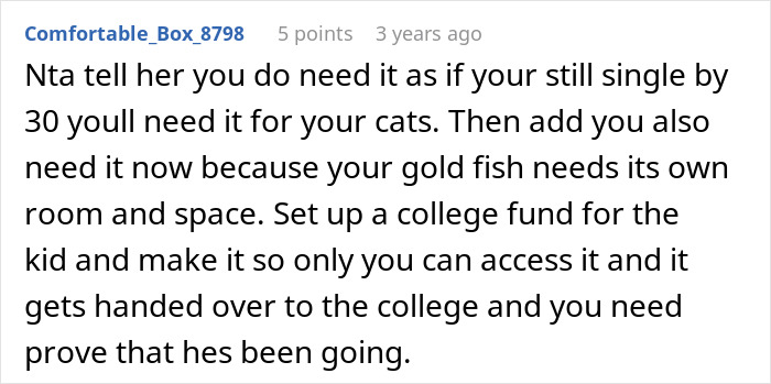 A Reddit comment suggests various uses for inheritance money and creating a college fund for a kid, hinting at inheritance drama. A Reddit comment suggests various uses for inheritance money and creating a college fund for a kid, hinting at inheritance drama.