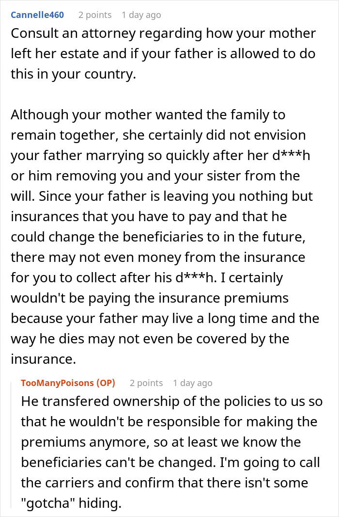 A screenshot of a Reddit thread offering advice to daughters whose widowed dad remarries and disinherits them. A screenshot of a Reddit thread offering advice to daughters whose widowed dad remarries and disinherits them.