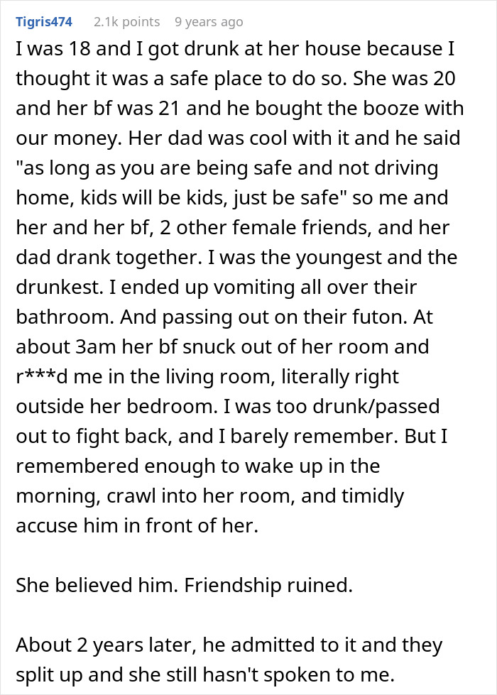 A text post discussing how a fake friend chose to believe her boyfriend over her assaulted friend.