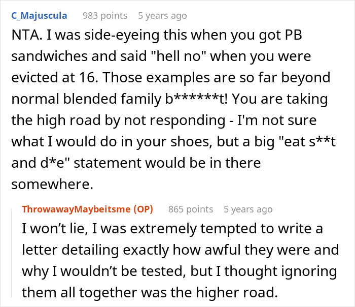 A Reddit comment strongly supports the user's decision not to be a bone marrow match, referencing being kicked out at 16. A Reddit comment strongly supports the user's decision not to be a bone marrow match, referencing being kicked out at 16.