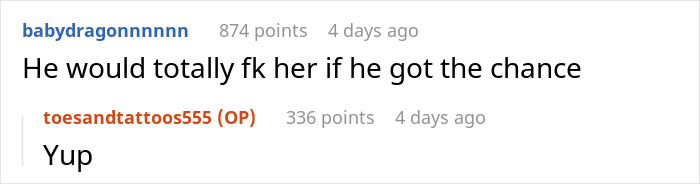 A screenshot of comments from Reddit about a wife's hubby flirting, with a user saying, He would totally fk her if he got the chance.