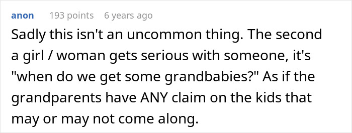 A screenshot of a comment discussing the societal pressure on a woman to have a grandchild after a toxic relationship. A screenshot of a comment discussing the societal pressure on a woman to have a grandchild after a toxic relationship.