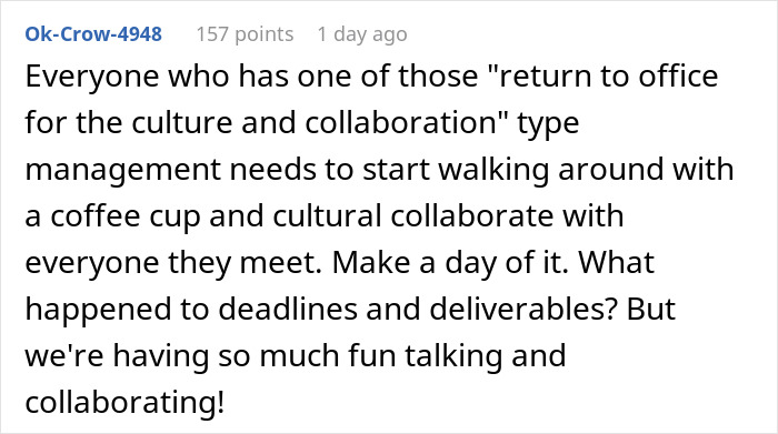 A screenshot discussing the return to office for culture and collaboration versus actual work, relating to an approved home office. A screenshot discussing the return to office for culture and collaboration versus actual work, relating to an approved home office.