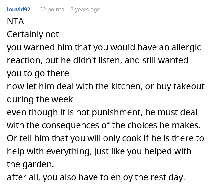 A screenshot showing a comment from Reddit user louvid92, discussing the woman's husband who pressures her to rake despite her allergy.