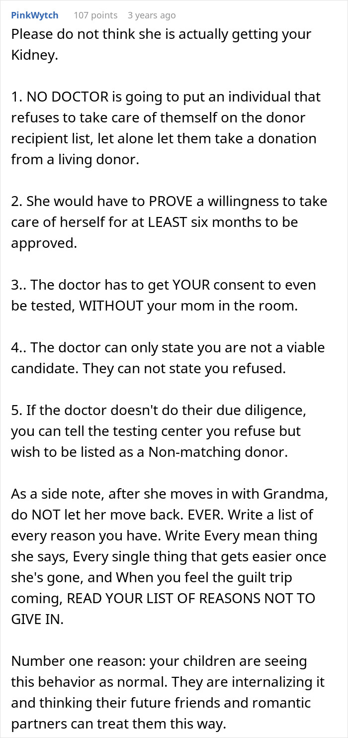 Advice for dealing with a toxic mom's expectation of a kidney, emphasizing protecting consent and well-being.