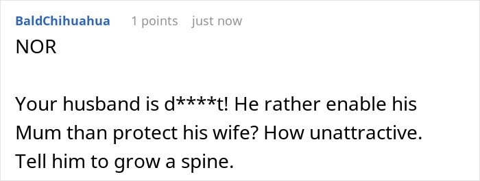 Social media comment urging a husband to support his wife over his mother in a MIL babysitting conflict. Social media comment urging a husband to support his wife over his mother in a MIL babysitting conflict.
