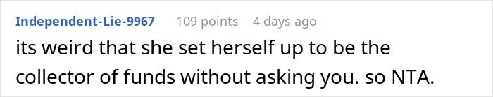 An online comment stating it is weird the MIL collected wedding funds An online comment stating it is weird the MIL collected wedding funds