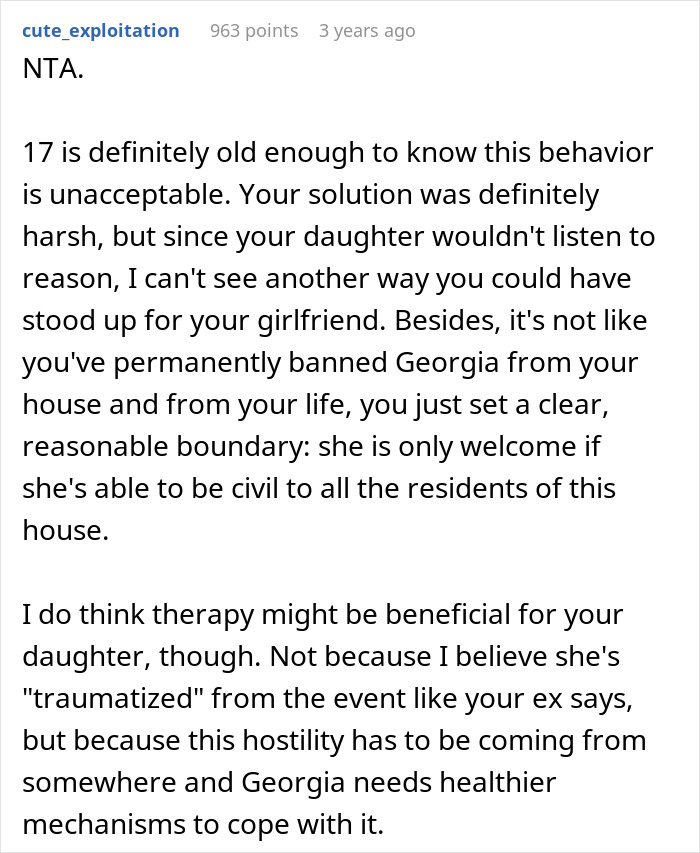 Forum comment detailing why 17YO was locked out after trying to scare off Dads girlfriend. Forum comment detailing why 17YO was locked out after trying to scare off Dads girlfriend.
