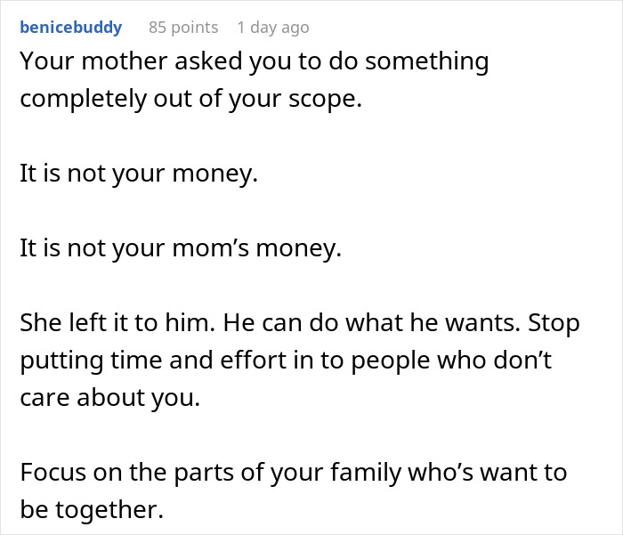 A social media comment advising daughters to focus on themselves after their widowed dad remarries and disinherits them. A social media comment advising daughters to focus on themselves after their widowed dad remarries and disinherits them.