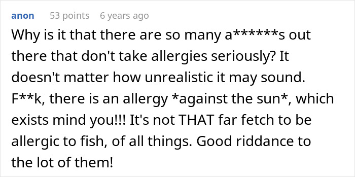 A social media comment criticizing people who don't take shellfish allergy seriously, highlighting various allergies. A social media comment criticizing people who don't take shellfish allergy seriously, highlighting various allergies.