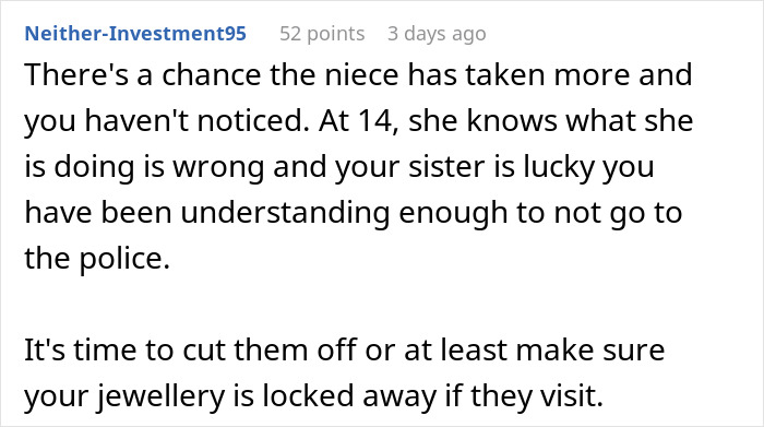 Screenshot of a comment discussing a 14YO wearing an aunt's sapphire engagement ring, stuck on her finger.