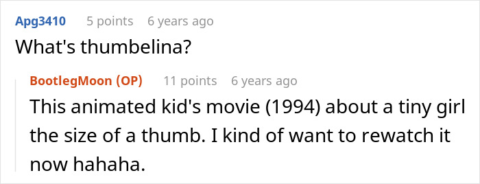 A comment asking about Thumbelina and a reply explaining it as a kid's movie about a tiny girl. A comment asking about Thumbelina and a reply explaining it as a kid's movie about a tiny girl.
