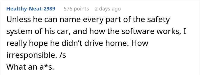 Online comment comparing vaccine logic to understanding car safety systems, highlighting double standards. Online comment comparing vaccine logic to understanding car safety systems, highlighting double standards.