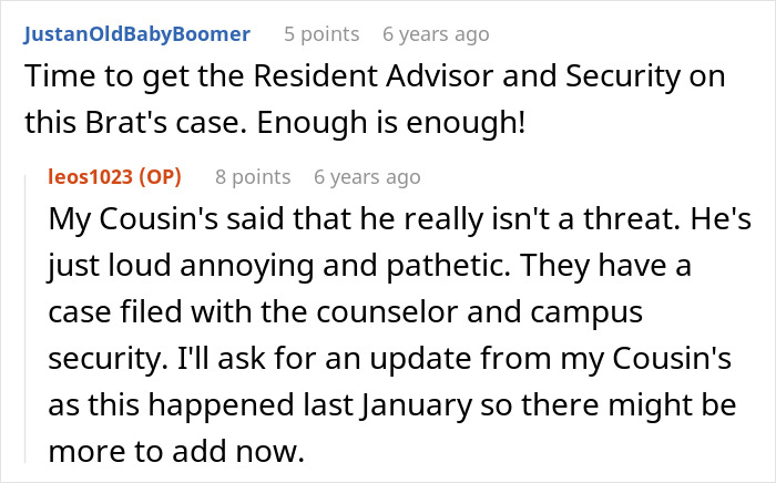 Caller urging action by Resident Advisor and Security on Entitled Kid