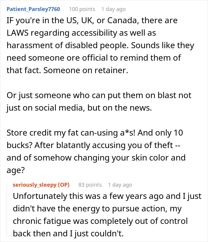 Screenshot of comments discussing laws regarding accessibility and harassment of disabled people. Screenshot of comments discussing laws regarding accessibility and harassment of disabled people.