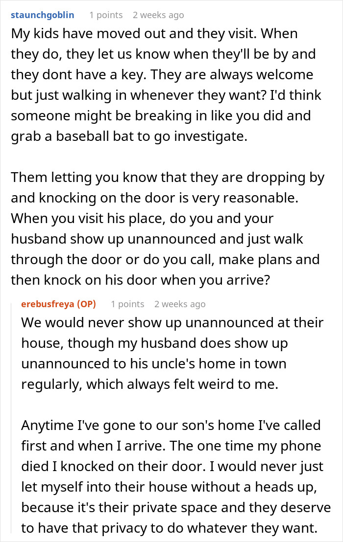 A Reddit comment details why it's unreasonable for a son to enter his stepmom's house unannounced, causing a wife to feel like a jerk. A Reddit comment details why it's unreasonable for a son to enter his stepmom's house unannounced, causing a wife to feel like a jerk.