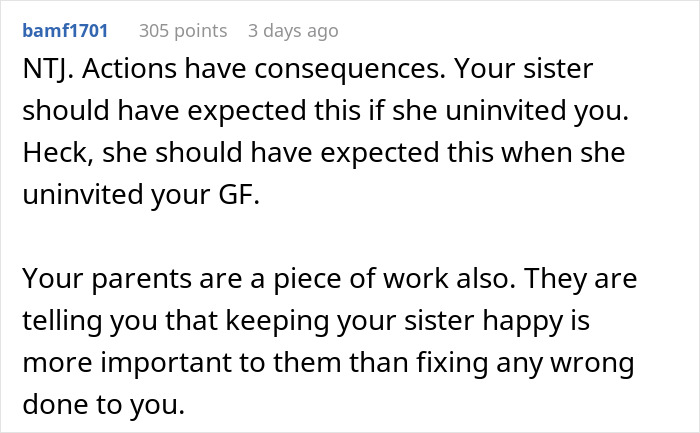 A comment explaining how actions have consequences for a bride hating her sibling's girlfriend. A comment explaining how actions have consequences for a bride hating her sibling's girlfriend.