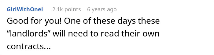A Reddit comment praising someone for suing a landlord over a deposit for a car, emphasizing landlords reading contracts. A Reddit comment praising someone for suing a landlord over a deposit for a car, emphasizing landlords reading contracts.