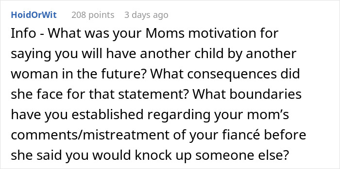 User discusses mom's out-of-line comments about fiance and consequences faced User discusses mom's out-of-line comments about fiance and consequences faced