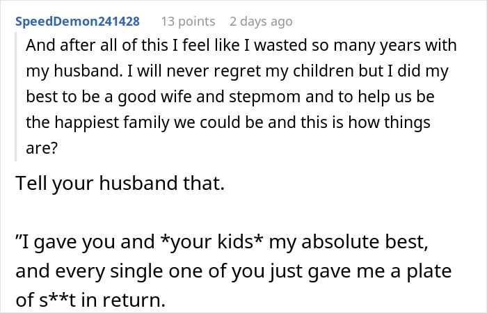 An online post with advice on what a stepmom should tell her husband about his kids' poor treatment.