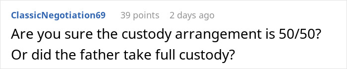 A Reddit comment asking for clarification on the custody arrangement after a mother left children for IVF. A Reddit comment asking for clarification on the custody arrangement after a mother left children for IVF.