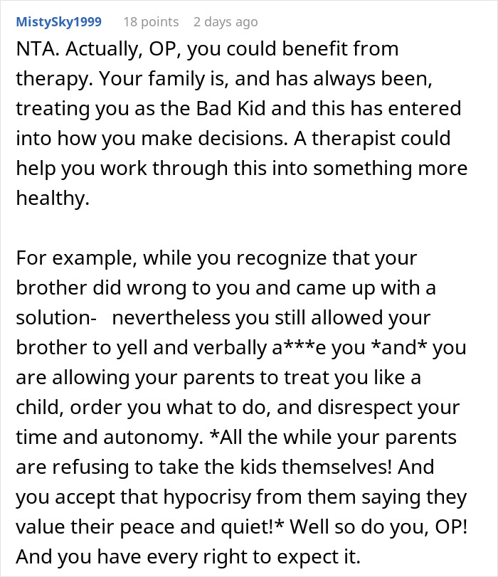 Comment on Reddit discussing family therapy and a dad who dumps kids on a porch expecting free babysitting. Comment on Reddit discussing family therapy and a dad who dumps kids on a porch expecting free babysitting.