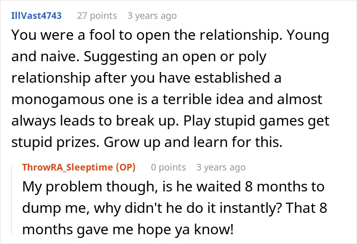 Online forum comment criticizing a user who wanted to open relationship. Online forum comment criticizing a user who wanted to open relationship.