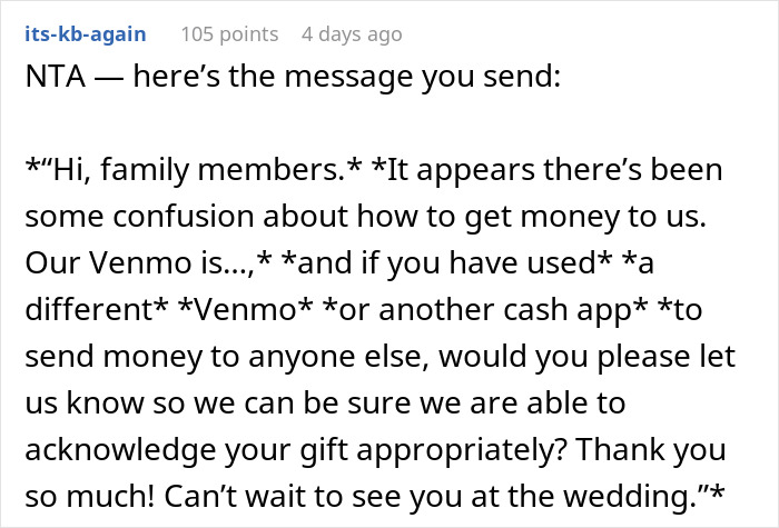 Online comment suggesting a text to send wedding guests after MIL scamming rehearsal dinner is exposed. Online comment suggesting a text to send wedding guests after MIL scamming rehearsal dinner is exposed.