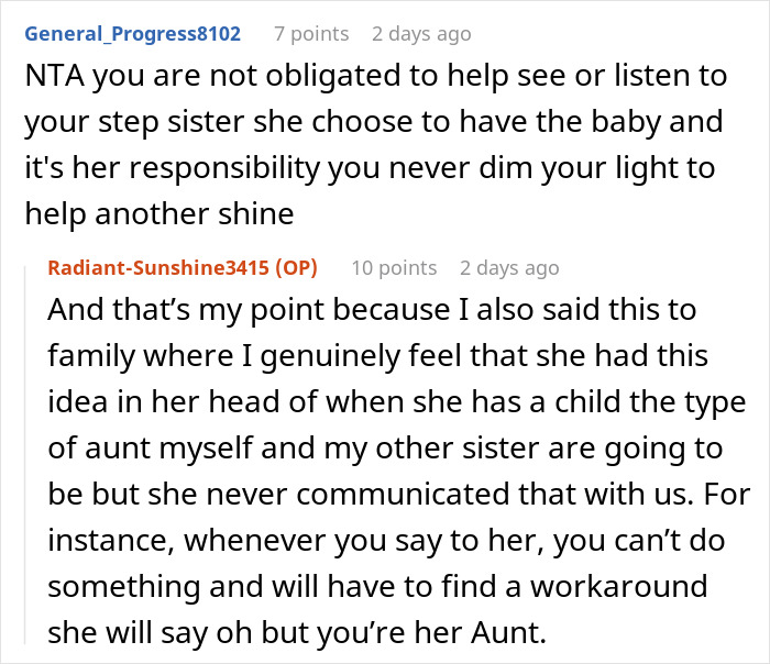 A woman explaining why she refuses to put her life on hold for her stepsister's kid, being called a bad aunt.