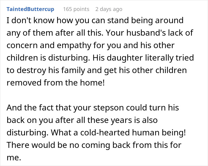 Online comment criticizing a husband and stepson after a stepdaughter called CPS on stepmom.